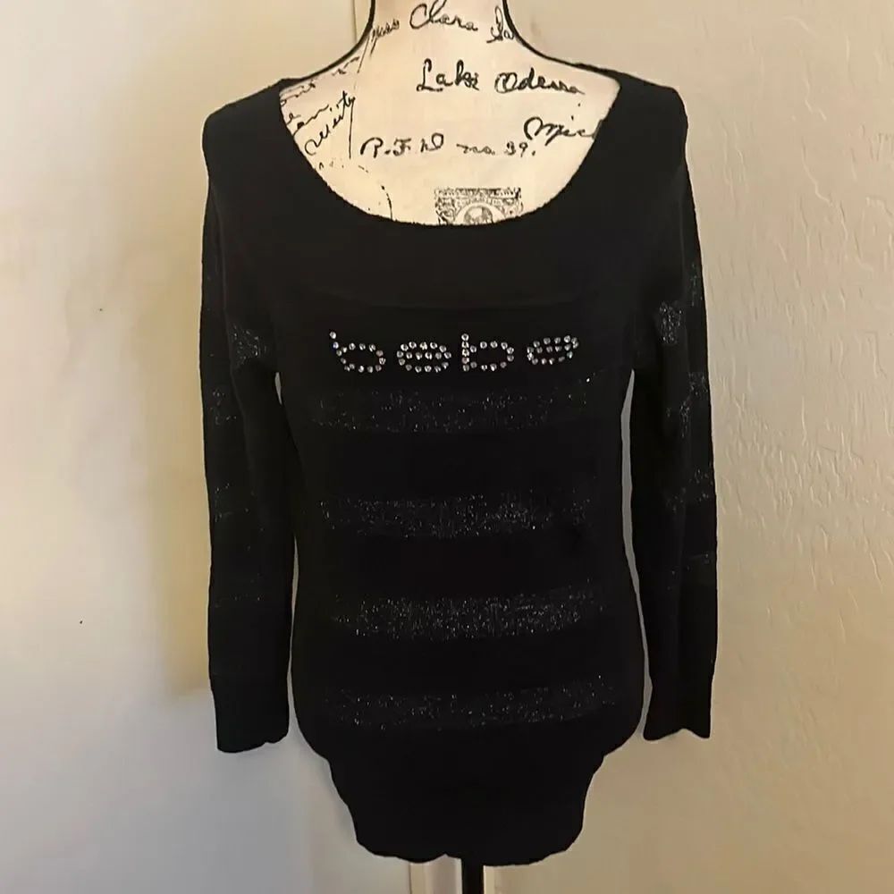Bebe Black Silver Striped Metallic Embellished Bling Pullover Sweater Casual